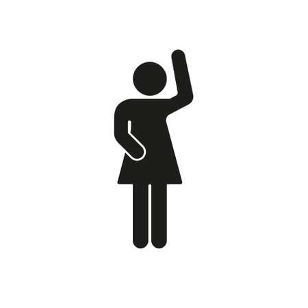 Female Human Figure Waving Hand Silhouette Icon. Stick Figure with Greeting Gesture Glyph Symbol. Woman Person in Waving Pose. Isolated Vector Illustrationのイラスト素材