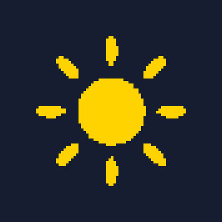 Retro Game Yellow Sun Isolated on Dark Background. Sun Pixel Art Icon. Vintage Video Game Symbol....
