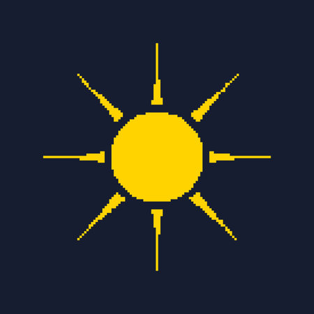 Yellow Pixel Sun Icon with Radiant Rays. Vintage Solar Symbol for Sunny Days. Isolated Vector...
