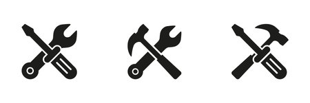 Wrench, Hammer, and Screwdriver for Maintenance and Repair. Crossed Tools Silhouette Icon Set. Construction and Technical Service Glyph Symbol Collection. Isolated Vectorのイラスト素材