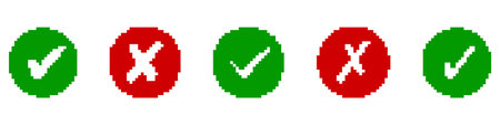 Pixelated Green Check Marks and Red X Symbols in Circles for Retro UI Design. Success and Error Sign Collection. Approval and Rejection Symbols. Isolated Vectorのイラスト素材