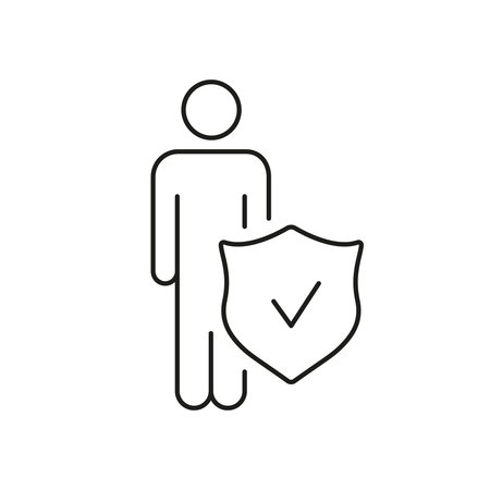 Man with Shield and Checkmark Line Icon, Security and Protection Symbol. Isolated Vector Illustrationのイラスト素材