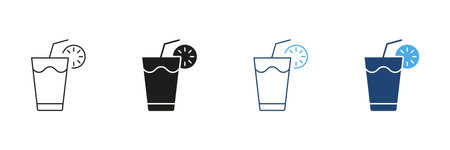 Beverage Glass With Straw And Lemon Slice Line and Silhouette Icon Set. Juice Or Healthy Drink Icon For Cafes And Restaurants. Editable Stroke. Isolated Vectorのイラスト素材