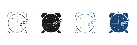 Classic Alarm Clock Line and Silhouette Icon, Sleep Timing Concept. Regular Sleep Schedules, Health,...