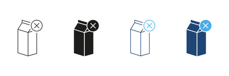 Dairy Free Line and Silhouette Icon Set. Milk Carton With Crossed Out Symbol. No Dairy Or Lactose...