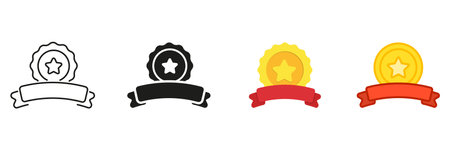 Badge With Star And Ribbon Line And Solid Icon Set. Award Emblem Symbol Collection. Isolated Vector Illustrationのイラスト素材