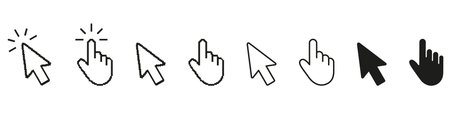 Pixelated Cursor And Hand Click Line And Solid Icon Set. Retro Interface And Digital Navigation...
