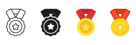 Award Medal Line And Solid Icon Set. Prize Star Emblem Symbol Collection. Isolated Vector Illustrationのイラスト素材