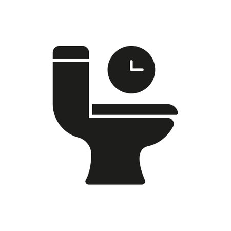 Toilet with Time Indicator Solid Icon. Restroom Symbol Representing Digestion, Metabolism, and Bowel Movement Timing Silhouette Symbol. Isolated Vector Illustrationのイラスト素材