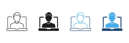 Person On Laptop Screen Icon Set. Virtual Meeting, Online Communication, And Remote Work Symbol Collection. Digital Interaction And Video Conferencing Representationのイラスト素材