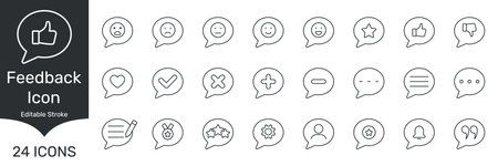Feedback And Communication Icon Set. User Interaction, Rating, And Review Outline Symbol Collection. Includes Emoticons, Thumbs Up and Down, Stars. Editable Strokeのイラスト素材