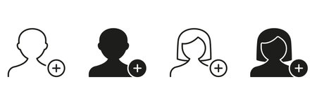 User Profile Addition Icons Set. User Account Creation And Contact Addition Outline And Silhouette Symbol Collection. Social Media And Networking Interface Elementsのイラスト素材