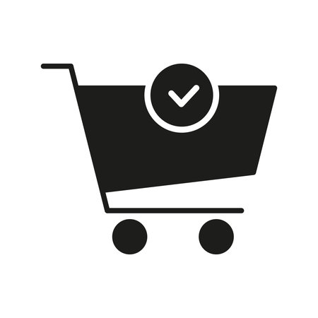 Shopping Cart With Check Mark Solid Icon. Successful Purchase, Order Completion, And E-Commerce Transaction Silhouette Symbol. Retail And Consumer Experience. Isolatedのイラスト素材