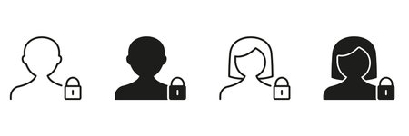 User Profile Privacy Lock Icon Set. Personal Data Security And Confidentiality Outline And Silhouette Symbol Collection. User Protection And Privacy Assurance. Isolatedのイラスト素材