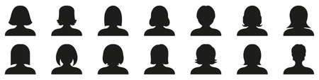 Female Silhouette Icon Set. Diverse Female Head Silhouettes Collection. Profile Avatars, User Interface, And Social Media. Isolated Vector Illustrationのイラスト素材