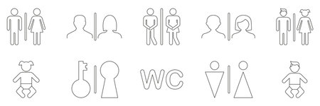 Restroom And Gender Symbols Line Icon Set. Public Toilet, Male And Female, Baby Changing and Accessibility Outline Symbol Collection. Editable Stroke. Isolated Vectorのイラスト素材