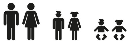 Family Generations Solid Icon Set. Family Structure, Generational And Age Group Silhouette Symbol Collection. Parents, Children, And Babies. Isolated Vector Illustrationのイラスト素材