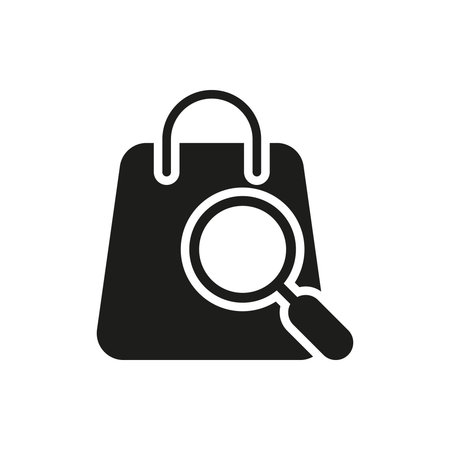 Shopping Bag With Magnifying Glass Solid Icon. Online Shopping And Product Search Silhouette Symbol. E-Commerce Exploration And Consumer Research. Isolated Vectorのイラスト素材