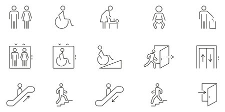 Public Facility Accessibility And Navigation Icons Set. Wayfinding Outline Symbol Collection. Restroom, Wheelchair Access, Baby Changing and Escalator. Editable Strokeのイラスト素材