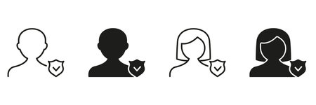 User Profile With Shield Icon Set. Identity Verification And Security Assurance Outline And...