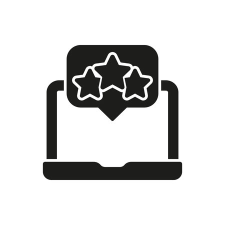 Laptop With Star Review Solid Icon. Customer Feedback, Rating System, And Quality Evaluation Silhouette Symbol. Online Review And Reputation Management. Isolated Vectorのイラスト素材