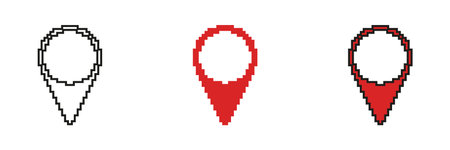 Map Location Pin Pixel Art Icon Set. Navigation, Gps, And Geolocation Marker Symbol Collection. Digital Mapping And Travel Guide. Isolated Vector Illustrationのイラスト素材