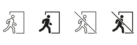 Exit And No Entry Door Icons Set. Emergency Exit And Restricted Access Symbols Collection. Safety Sign For Building Navigation And Security. Isolated Vector Illustrationのイラスト素材