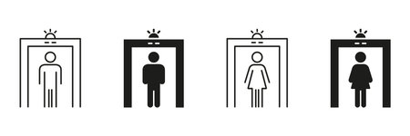 Security Checkpoint Metal Detector Icon Set. Airport Security, Safety Screening, And Access Control Outline And Silhouette Symbol Collection. Public Safety Measuresのイラスト素材