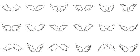 Angel Wings Outline Icon Set. Spirituality, Freedom, And Guardian Line Symbol Collection. Decorative Wing Designs For Tattoos and Art. Editable Stroke. Isolated Vectorのイラスト素材