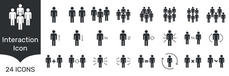 Interaction And Communication Solid Icon Set. Human Interaction, Social Dynamics, Group Communication Silhouette Symbol Collection. Teamwork And Collaboration Conceptのイラスト素材