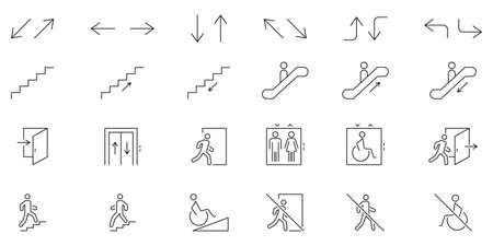Directional And Accessibility Icons Set. Navigation, Movement and Accessibility Symbols Collection. Includes Arrows, Stairs, Escalators. Editable Stroke. Isolated Vectorのイラスト素材