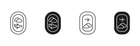 Airplane Window View With Clouds Icon Set. Travel And Aviation Experience Outline And Silhouette Symbol Collection. Journey And Flight Perspective. Isolated Vectorのイラスト素材
