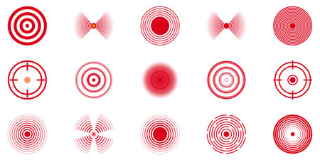 Red Radar Pain Zones and Pressure Target Icon Set. Sensor Pulse Mapping, Injury Focus Rings and Health Detection Spots Symbol Collection. Isolated Vector Illustrationのイラスト素材