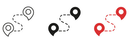 Location Route Tracker with Destination Pins Line and Solid Icon Set. Navigation Wayfinding and Map Journey Path Symbol Collection. Isolated Vector Illustrationのイラスト素材