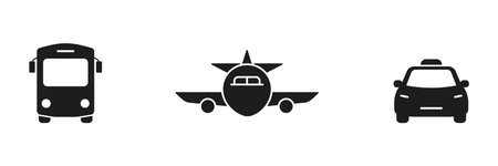 Transportation Modes Solid Icon Set. Public Bus, Airplane, And Taxi Silhouette Symbol Collection. Travel, Commuting, And Transit Solutions. Isolated Vector Illustrationのイラスト素材