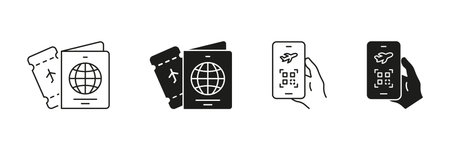 Passport And Boarding Pass With Mobile Qr Code Icon Set. Travel Documentation And Digital Ticketing Outline And Silhouette Symbols. Air Travel And Security Checkのイラスト素材