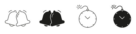 Ringing Bells And Time Bomb Icon Set. Alarm Notification And Urgency Alert Outline And Silhouette Symbol Collection. Time Management And Countdown Concept. Isolatedのイラスト素材