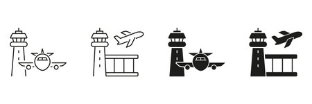 Airport Control Tower And Airplane Icon Set. Aviation Management, Flight Operations, And Air Traffic Control Symbol Collection. Travel And Transportation Infrastructureのイラスト素材