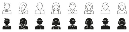 User Avatars Line And Solid Icon Set. Diverse Professional And Casual Profile Silhouette Symbol Collection. Gender Representation And Identity Icons. Isolated Vectorのイラスト素材
