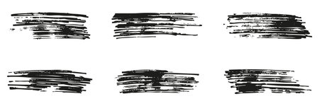 Hand Drawn Brush Stroke Set. Grunge Ink Line Texture. Smear for Artistic Background Distressed Mark Highlight Effect Silhouette Symbol Collection. Isolated Vectorのイラスト素材