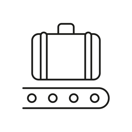 Luggage On Conveyor Belt Line Icon. Baggage Claim, Airport Luggage Handling, And Travel Logistics Outline Symbol. Efficient Travel Management. Editable Stroke. Isolatedのイラスト素材