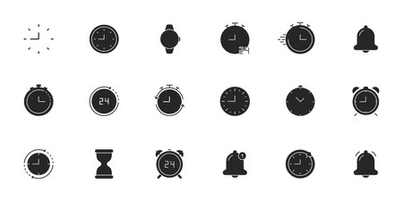 Clock And Timer Icon Set. Time Management, Alarm, And Stopwatch Silhouette Symbol Collection. Various Clock Designs For Scheduling And Reminders. Isolated Vectorのイラスト素材