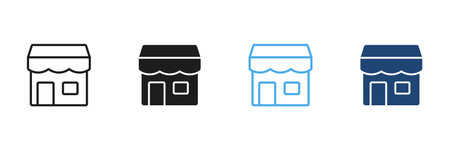 Small Retail Storefront Line And Solid Icon Set. Local Business, Shop, And Marketplace Outline And Silhouette Symbol Collection. Commercial Building Design. Isolatedのイラスト素材