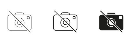 No Photography Allowed Camera Line And Solid Icon Set. Photography Restriction, Privacy Protection, And No Photos Policy Outline And Silhouette Symbol Collectionのイラスト素材