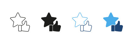 Thumbs Up With Star Line And Solid Icon Set. Positive Feedback, Approval, And Quality Rating Outline And Silhouette Symbol Collection. Customer Satisfaction And Reviewのイラスト素材