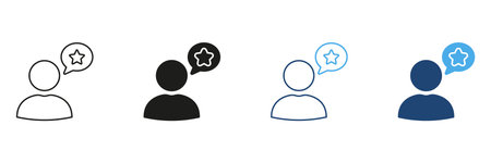 Person With Star Speech Bubble Line And Solid Icon Set. Customer Feedback, Review, And Rating Communication Outline And Silhouette Symbol Collection. Isolated Vectorのイラスト素材