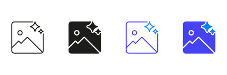Image With Sparkles Line And Solid Icon Set. Photo Enhancement, Image Editing, And Visual Quality Improvement Outline And Silhouette Symbol Collection. Isolated Vectorのイラスト素材