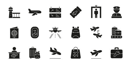 Airport Travel And Security Solid Icon Set. Aviation, Boarding, And Luggage Management Symbol Collection. Passport Control, Flight Information, And Baggage Handlingのイラスト素材