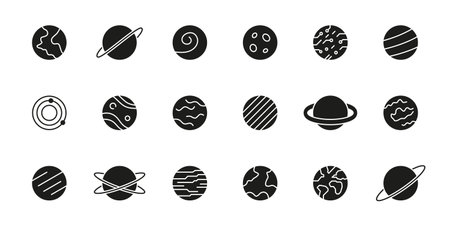 Planetary And Celestial Bodies Solid Icon Set. Astronomy, Space Exploration and Cosmic Phenomena Silhouette Symbol Collection. Solar System And Universe. Isolated Vectorのイラスト素材