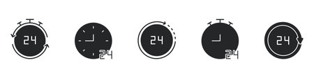 24-Hour Clock And Timer Solid Icon Set. Time Management, Daily Scheduling, And Continuous Operation...